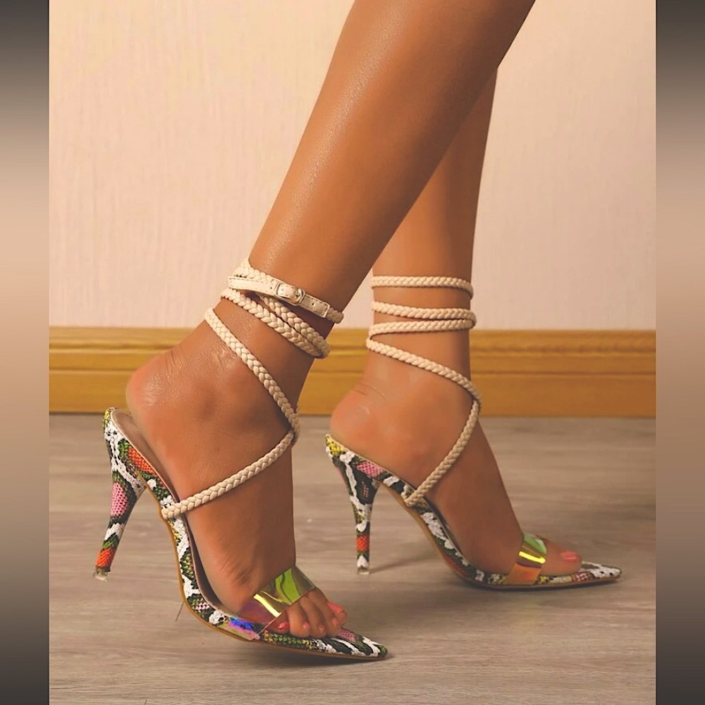 Holographic Strap Braided Stiletto Heeled Sandals